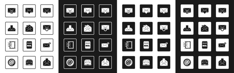Poster - Set Envelope with star, Download inbox, Mail message lock password, setting, Valentine heart, and Postal stamp icon. Vector