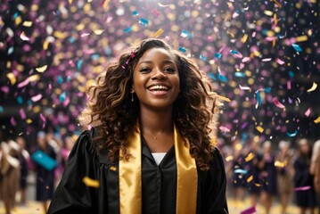 Happy and excited portrait of young black student celebrating her graduation, amidst a shower of colorful confetti. 