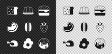 Set Bread Toast, Jelly Cake, Burger, Roasted Turkey Or Chicken, Scrambled Egg, Donut, Steak Meat And Hotdog Icon. Vector