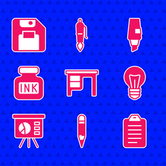 Poster - Set Office desk, Pencil, To do list or planning, Light bulb, Board with graph, Inkwell, Marker pen and Floppy disk icon. Vector