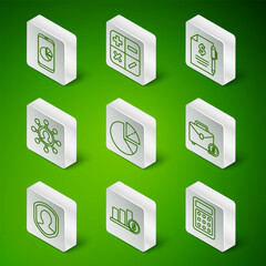 Poster - Set line Calculator, Pie chart infographic and dollar, Mobile phone with, Business network communication, User protection and Briefcase money icon. Vector