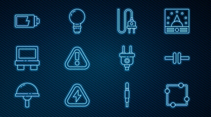 Poster - Set line Electric circuit scheme, plug, Exclamation mark in triangle, Fuse, Battery charge level indicator, and Light bulb with concept of idea icon. Vector