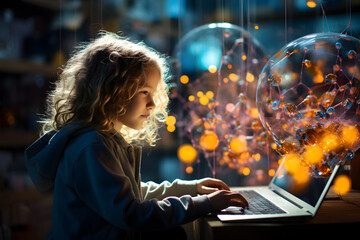 A caucasian girl sits at a computer and works with a neural network. The concept of artificial intelligence and modern technologies. 