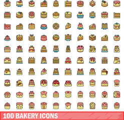 Poster - 100 bakery icons set. Color line set of bakery vector icons thin line color flat on white