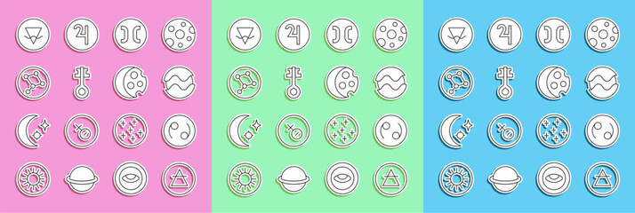 Poster - Set line Air element, Cancer zodiac, Planet, Pisces, Old magic key, Great Bear constellation, Earth and Eclipse of the sun icon. Vector