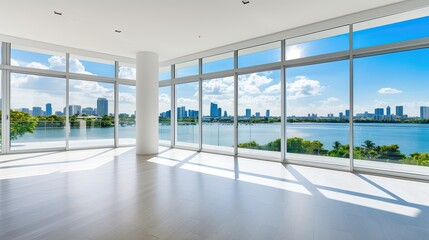 Wall Mural - April 2020 in South Florida a Large Open Living Space with Sweeping Views of the City and Water White Airy and Minimalist with Floor to Ceiling Glass Windows