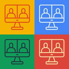Aufkleber - Pop art line Video chat conference icon isolated on color background. Computer with video chat interface active session on screen. Vector