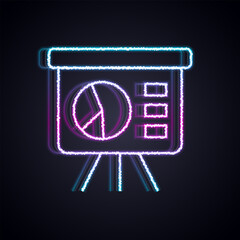 Poster - Glowing neon line Presentation financial business board with graph, schedule, chart, diagram, infographic, pie graph icon isolated on black background. Vector