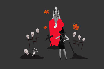 Poster - Collage theme picture of sexy angry witch hunting on girl at halloween night isolated dark grey color drawing background