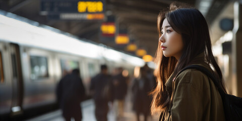 Poster - Asian woman waiting for the train