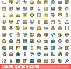 Poster - 100 education icons set. Color line set of education vector icons thin line color flat on white