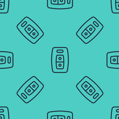 Poster - Black line Car key with remote icon isolated seamless pattern on green background. Car key and alarm system. Vector