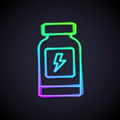 Wall Mural - Glowing neon line Energy drink icon isolated on black background. Vector