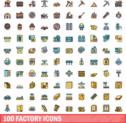 Poster - 100 factory icons set. Color line set of factory vector icons thin line color flat on white