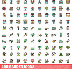 Poster - 100 garden icons set. color line set of garden vector icons thin line color flat on white
