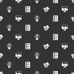 Poster - Set Speaker volume, Music wave equalizer, Play in square and playlist on seamless pattern. Vector