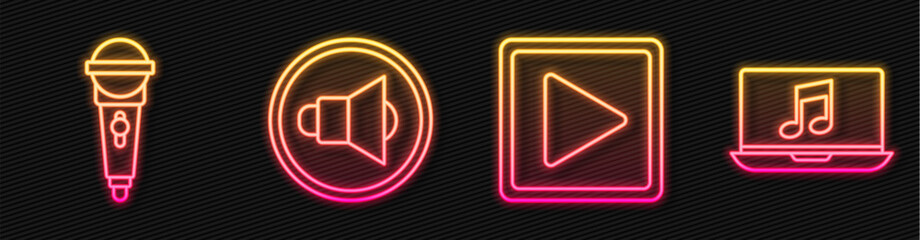 Poster - Set line Play in square, Microphone, Speaker volume and Laptop with music note. Glowing neon icon. Vector