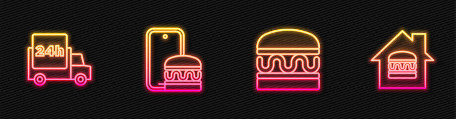 Wall Mural - Set line Burger, Fast delivery by car, Online ordering and and . Glowing neon icon. Vector