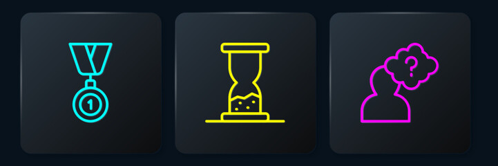 Poster - Set line Medal, Head with question mark and Old hourglass sand. Black square button. Vector