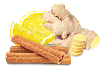 Poster - ginger, cinnamon and lemon isolated on white background