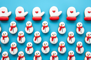 Wall Mural - Christmas gingerbread on a blue background, flat lay.