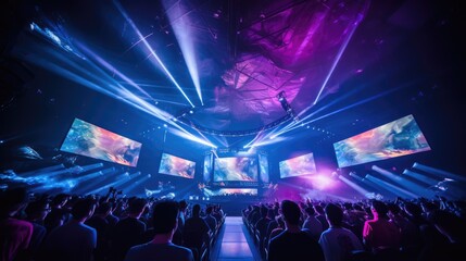 Canvas Print - Esports Arena Filled with Cheering Fans and Colorful LED Lights Players Compete on a Large Stage in Front of a Massive Screen Displaying the Game