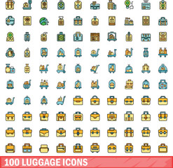Poster - 100 luggage icons set. Color line set of luggage vector icons thin line color flat on white