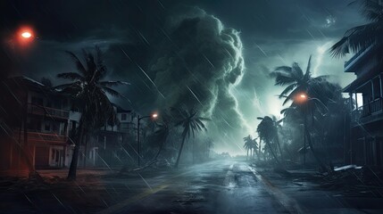 Wall Mural - Hurricane Also Called Tornado or Typhoon with Lightnings and Twister in the Storm on a City Street with Palms Natural Disasters in Towns Caused by the Climate Change 3d Illustration Digital Painting