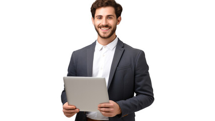 Portrait of young smiling man holding laptop and looking at the camera. Transparent background or PNG file. Generated by AI