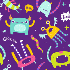 Wall Mural - seamless bright pattern with weird monsters for baby. abstract vector print with stylized monsters f