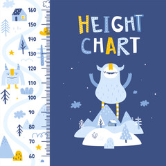 Wall Mural - Height chart with cute yeti. Scandinavian ruler with nordic landscape. Winter stadiometer for babies.