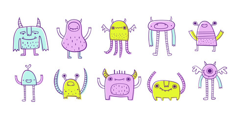 Wall Mural - set of cute doodle monsters sketches. vector collection of friendly hand drawn beasts for kids. outl