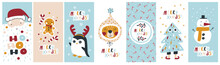 Christmas Vertical Cards Banners Collection. Merry Christmas Lettering. Funny Cute Characters And Decor In A Simple Hand-drawn Modern Childish Style. Vector Illustration In Limited Trend Palette.