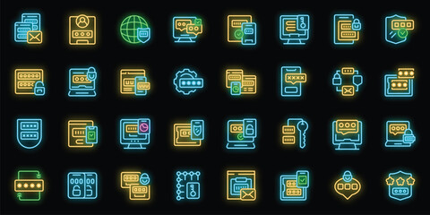 Wall Mural - Multi factor authentication icons set outline vector. Laptop security. Web computer neon color on black