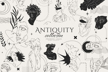 Vector Set Of Logo With Antique Sculptures. Vector Illustration With Classical Sculpture For Card Poster T-Shirt Or Printing. Contemporary Hand Drawn Mythical Collection In Line Design Style. Vector