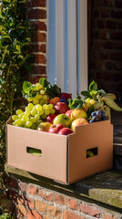 Wall Mural - Food delivery, postal service and online grocery shopping, fruit box with fresh organic fruits from a local farm on a house doorstep in the countryside, generative ai