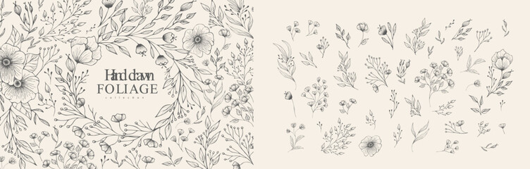 Wall Mural - floral branch and minimalist flowers for logo or tattoo. hand drawn line wedding herb, elegant leave