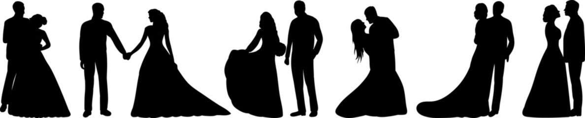 Sticker - bride and groom silhouette, white background, vector