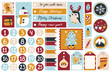 Christmas template and labels set for gifts with cute characters and festive elements in different shapes, in a childish hand-drawn style with lettering and numbers for the advent calendar.