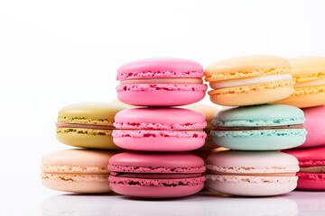 Assorted colorful macarons arranged neatly on a spotless white background, creating a visually delightful and tempting display. Generative AI