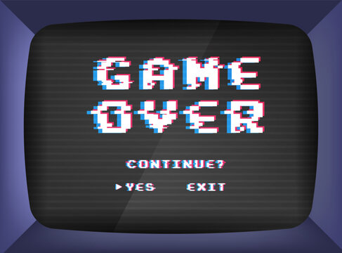 Game over screen. pixel video games 8-bit play interface old console monitor. Retro arcade gaming machine display.