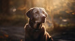 Chocolate Labrador retriever dog in the forest at sunset.   Atmospheric blurred autumn background, selective focus
