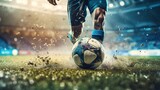 Fototapeta Sport - Generative AI, football boot kicking a soccer ball, goal moment on the stadium	
