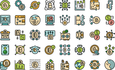 Sticker - Virtual money icons set outline vector. Card seller. Payment nft thin line color flat on white