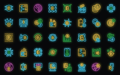 Poster - Virtual money icons set outline vector. Card seller. Payment nft neon color on black
