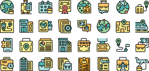 Poster - business trip icons set outline vector. airport trip. luggage man thin line color flat on white