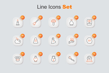 Set line Magic ball, staff, Open padlock, Bottle with love potion, hat, runes, Hand holding fire and Rabbit ears icon. Vector