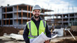 © l1gend - construction manager with a white helmet and green warning vest, speaks friendly with a construction site worker