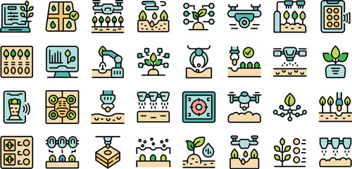 Poster - automated plant seeding icons set outline vector. nature farm. plant innovation thin line color flat