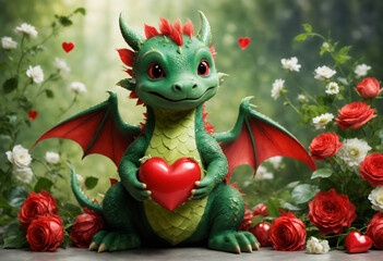 Wall Mural - Cute and adorable little green dragon hold red heart. Generative AI
